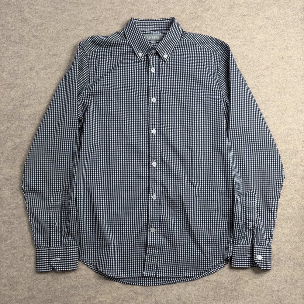 Ash & Erie Mens Small Slim Gingham Button Down Shirt Navy White Check L/S